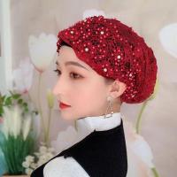 穆斯林纱巾钉钻钉珠头巾回族女士帽子夏季不透秀网回族盖头包头帽 酒红色