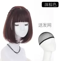 薄刘海假发女短发造型全头套式内扣锁骨发网红蓬松自然中长短卷发 深棕+发网