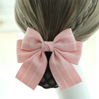 空姐头花高档气质 职业银行护士酒店甜美优雅蓝色蝴蝶结韩国发网 L9-粉飘带(粗网)