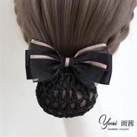 职业头花发夹护士发网韩国空姐银行工作盘发细网兜发饰绢纱蝴蝶结 黑色兔耳简约-粗网