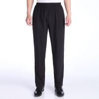中老年人休闲裤男士夏季薄款宽松大码冰丝裤松紧腰高腰直筒长裤子 黑色[前门无拉链款] XL [适合105-125斤]