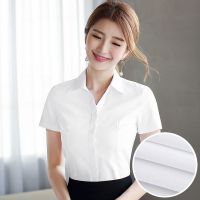 白衬衫女短袖方领春夏新款职业正装打底衫工作服修身学生工装衬衣 平纹白色V领 M
