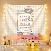 背景布ins挂布 学生宿舍上下铺改造布可爱卡通背景墙布网红直播布 黄格子草帽女孩 绒布-45x35cm+双面贴