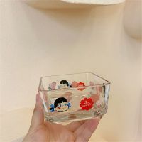 韩国ins可爱草莓玻璃碗卡通印花牛奶妹麦片沙拉碗不二家玻璃杯子 粉红草莓妹零食方碗
