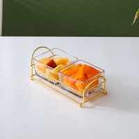 轻奢金边玻璃水果盘酒吧陶瓷干果盘带盖客厅家用零食干果小食吃盘 二格玻璃+手把金架 送2金叉