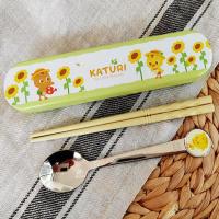 卡通餐具套装316不锈钢勺筷小朋友便携学校食堂家庭外出使用 萌鸡小队黄色 3件套(勺+筷+铁盒)