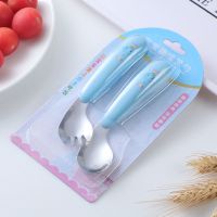 宝宝学吃饭训练筷子弯头叉勺辅食儿童叉勺套装勺叉子三件套学习筷 弯头叉勺(蓝色小象)