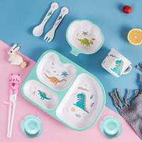 儿童餐具套装卡通可爱分格餐盘宝宝吃饭碗防摔叉勺筷子家用竹纤维 呆萌小恐龙餐具 二件套[碗+勺]