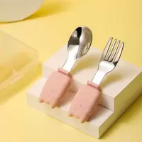 宝宝学吃饭训练勺子婴儿辅食勺叉子一岁不锈钢短柄叉勺儿童餐具 水藕粉