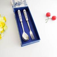 青花瓷餐具礼盒不锈钢筷子勺子叉子刀套装4件套礼品便携4/3/2件套 青花瓷小勺小叉两件套