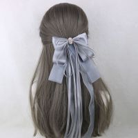 韩版时尚公主范手工布艺刺绣蕾丝超大蝴蝶结后脑勺弹簧夹发夹饰品 灰色 鸭嘴夹