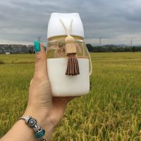 玻璃杯便携可爱韩国原宿水杯简约女清新创意随手杯少女小清新杯子 白流苏杯300ml 送杯刷