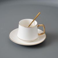 个性欧式轻奢简约陶瓷杯咖啡杯单个带勺子托盘潮流情侣杯送人礼品 白色圆碟金边配勺