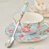 陶瓷花茶杯咖啡杯套装英式下午茶单杯家用茶碗带匙带勺欧式直销 蓝色不锈钢勺 200CC