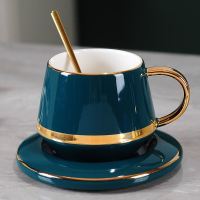 陶瓷咖啡杯碟欧式小奢华家用高档花茶下午茶茶具套装北欧陶瓷杯子 1杯1圆碟送勺[孔雀绿]普通包装