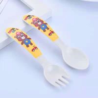 竹纤维儿童叉勺套装宝宝学吃饭训练勺子短小汤匙婴儿可爱创意卡通 F1套装[黄色]