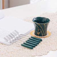 陶瓷不锈钢水果叉套装欧式小奢华水果签创意点心叉勺家用可爱小叉 墨绿罐子+6叉