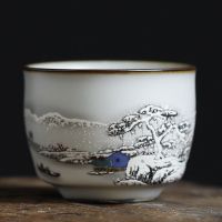 汝窑个人杯主人杯山水雪景茶杯可养开片单杯品茗单杯 聚香杯-雪景