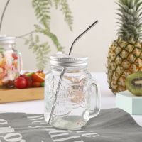 夏玻璃水杯女创意潮流冷饮料杯公鸡杯带盖吸管奶茶杯子学生梅森杯 浮雕纯透明 杯+两用盖+优质塑料吸管