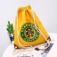 新品星巴克校园学生休闲抽绳束口袋双肩包简易户外帆布运动背包 黄色星巴克