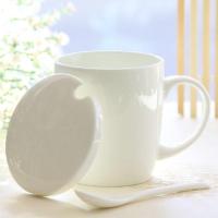 唐山产地骨瓷杯水杯家用带盖勺可爱女咖啡杯好看的马克杯陶瓷杯子 滑盖杯纯白色