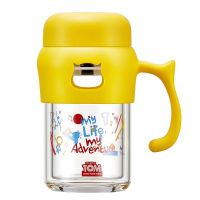 汤姆猫双层隔热带手柄玻璃杯办公室带盖泡茶杯卡通可爱猫头水杯子 柠檬黄-350ml