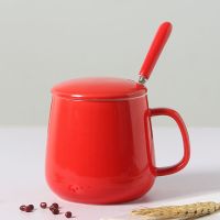 定制结婚陶瓷马克杯个性水杯刻字红色带勺盖纪念喜庆正红色 [单个]刻字留言 带勺盖DD杯