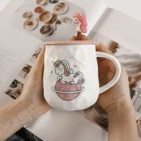 粉红少女独角兽杯子家用超可爱水杯ins个性创意陶瓷马克杯带盖勺 地球独角兽