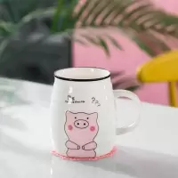 创意潮流浮雕卡通可爱陶瓷超萌小猪带盖勺咖啡牛奶燕麦马克水杯女 浮雕思考猪 (单杯不含任何配件)