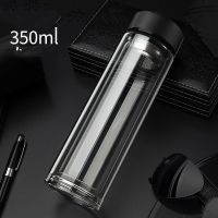 索赫大容量办公防摔玻璃杯带把男士泡茶杯水杯塑玻杯茶水分离杯子 普通黑350ml[双层玻璃+无手柄] 高硼硅玻璃杯+过滤网