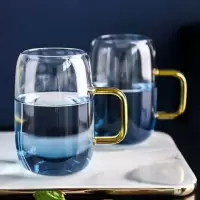 玻璃耐热耐高温凉水壶家用冷水壶加厚防爆云石壶渐变蓝色水壶套装 云石杯2个