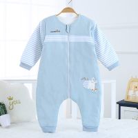 婴儿睡袋纯棉春秋薄棉儿童分腿防踢被宝宝睡衣新生儿夹棉连体衣服 小毛驴蓝色(薄棉) 100