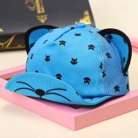 夏季婴儿帽子薄款鸭舌帽新生婴幼儿男女宝宝可爱超萌透气网遮阳帽 猫咪网帽-蓝色 3-12个月(可调节)