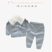 婴儿连体衣宝宝春秋爬服男女针织衫新生儿毛衣套装衣服春款薄外套 毛毛球蓝色 80 (适合8-12个月)