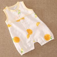 宝宝无袖连体衣夏季新生婴儿纯棉背心哈衣婴幼儿纱布爬服衣服薄款 白色橙子 59码建议年龄0-3个月