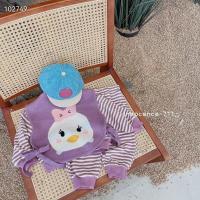 秋春款童装儿童条纹卫衣套装男女童运动裤宝宝卫衣背心三件套 紫白条纹三件套 90码 适合身高85cm左右