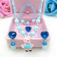 小猪佩奇儿童项链手链戒指耳夹吊坠女孩公主首饰品礼品盒5件套装 天蓝色佩奇水晶珠