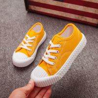秋季中帮男女童透气帆布鞋百搭中大童饼干底防滑休闲鞋学生韩版鞋 009-黄色 27码内长18CM