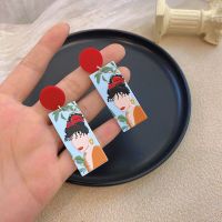 韩国ins设计感印花人物图案亚克力耳环夸张高冷个性银针耳坠 彩色涂鸦美女.