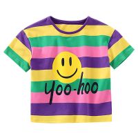 女童夏天套装2021新款儿童洋气韩版条纹短袖T恤牛仔裤休闲两件套 紫色T恤 110 1米左右