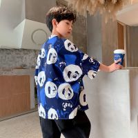 男童熊猫短袖衬衫套装2021夏季新款中大童薄款两件套宽松大码童装 蓝色 110 上衣+裤子两件套