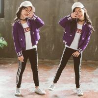 女童春装运动套装2021新款儿童洋气时髦童装小女孩网红春秋三件套 螺纹三件套紫色 110 码建议身高100cm左右