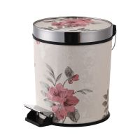 欧式创意带盖客厅厨房卫生间脚踏式不锈钢皮革墙纸大号垃圾桶 米底红牡丹 大号(25*30)