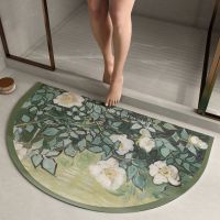 半圆形浴室地垫硅藻泥花朵艺术卫生间厕所门口防滑垫吸水速干脚垫 野玫瑰-半圆 40*60CM