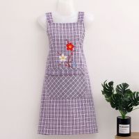 纯棉长袖围裙冬款女洋气网红厨房做饭防油罩衣成人可爱家用工作服 一枝梅背带紫色