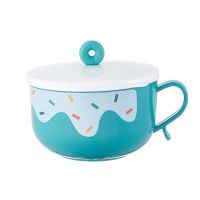 甜甜圈泡面碗带盖大号学生宿舍用单耳不锈钢饭盒方便面吃饭碗 孔雀蓝