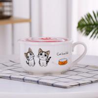 陶瓷泡面碗带盖保鲜碗便当盒微波炉饭盒冰箱收纳盒大号家用碗套装 起司猫