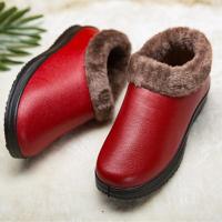 [好品质]2019冬老北京布鞋女棉鞋软底妈妈鞋加绒加厚一脚蹬棉靴 酒红色皮革棉鞋 35