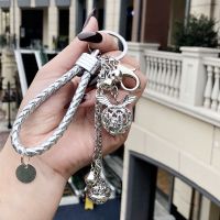 韩国创意钥匙扣女 真兔毛 獭兔毛球毛绒挂件汽车钥匙链女生包挂件 银皮绳爱心宫铃