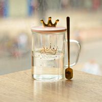 超大容量玻璃水杯女生夏天家用办公室杯子带盖勺玻璃杯透明带吸管 粉盖+盖勺450ML